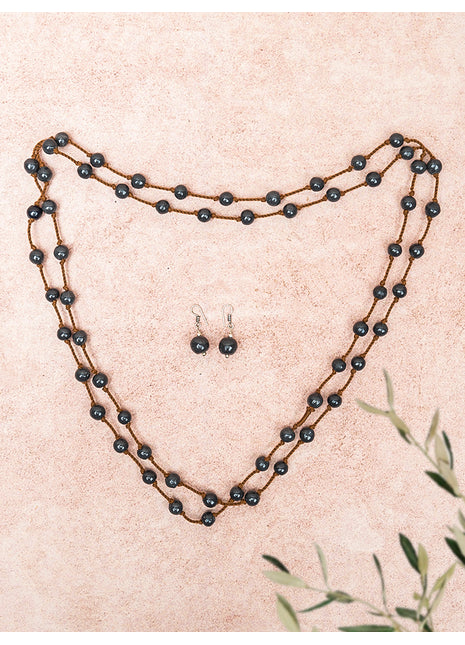 Handmade Blue Pottery Bead Evil Eye Long Necklace(Black)