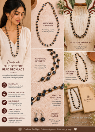 Handmade Blue Pottery Bead Evil Eye Long Necklace(Black)