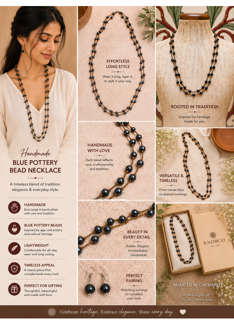 Handmade Blue Pottery Bead Evil Eye Long Necklace(Black)