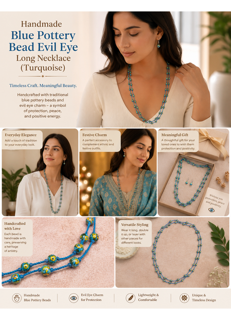 Handmade Blue Pottery Bead Evil Eye Long Necklace(Turquoise)