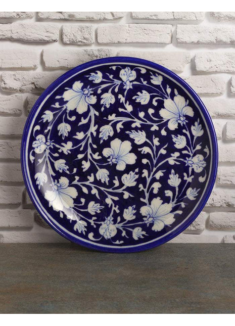 Blue Base with White Flowers and leaves Plate 10 inch