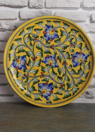 Yellwo Base with Blue Flowers Plate 10 inch