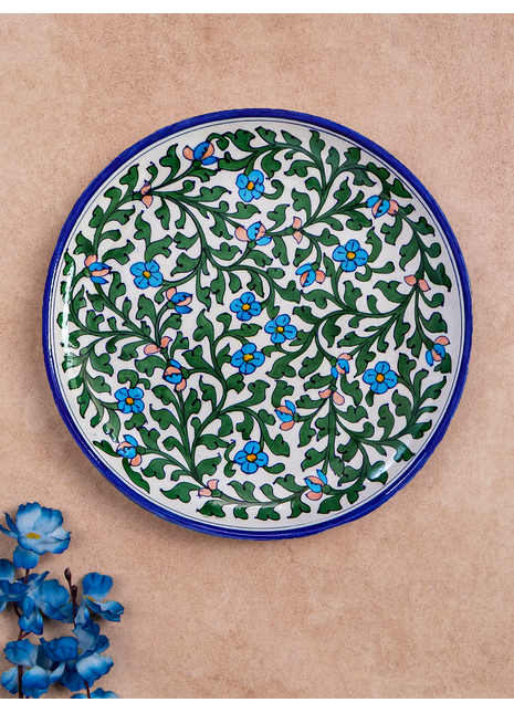 Green and Turquoise Flowers and Green Leaves on White Base Plate 12