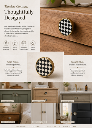Well Designed Black And White Checkered Wooden Door Knob