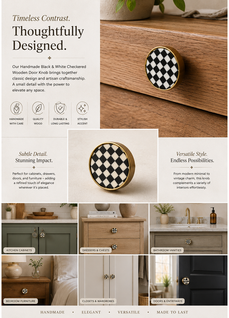 Well Designed Black And White Checkered Wooden Door Knob
