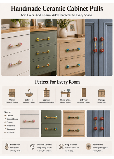 Assorted Color & Design Ceramic Cabinet Dresser Pull