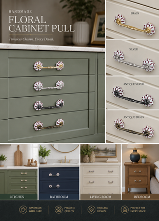 White Cabinet Pull With Maroon Floral Design