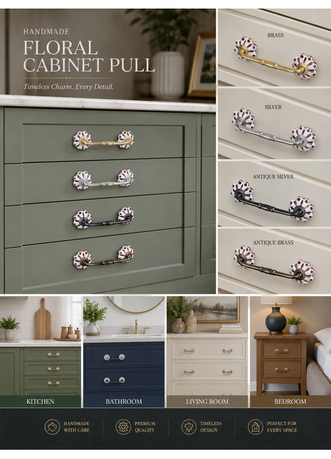 White Cabinet Pull With Maroon Floral Design