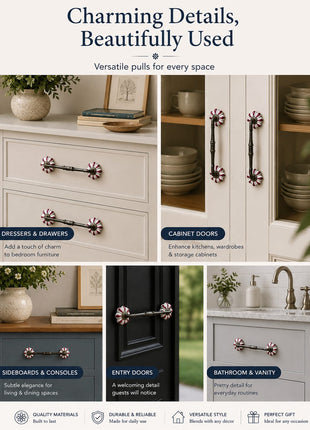 Floral White Royal Ceramic Door Pull With Maroon Flower
