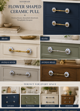 Flower Shaped White And Blue Designer Ceramic Cabinet Pull