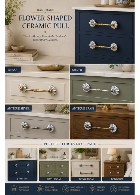 Flower Shaped White And Blue Designer Ceramic Cabinet Pull