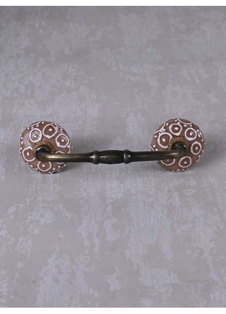 Hand Crafted Brown Ceramic Dresser Cabinet Pull With White Embossed Design