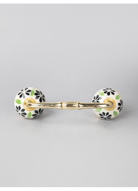 Black Flower and Green Leaf on White Ceramic Door Pull