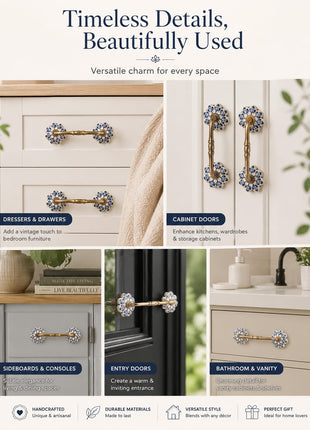 Blue Flower design On White Base Ceramic Door Pull