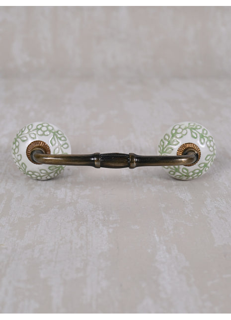 Green Design on White Background Ceramic Cabinet Drawer Pull