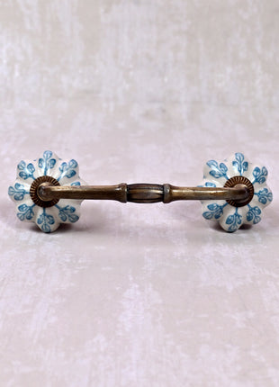 Turquoise Flower design On White Base Ceramic Door Pull