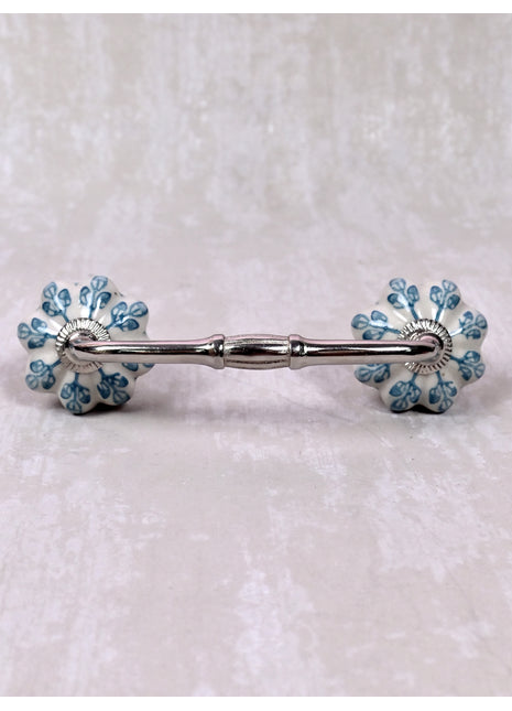 Turquoise Flower design Off White Base Ceramic Door Pull