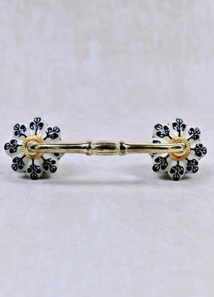 Black Flower Design Off White Base Ceramic Door Pull