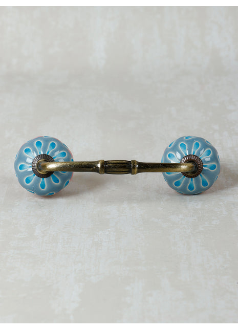 Blue Round Ceramic Dresser Cabinet Pull With Turquoise Flower
