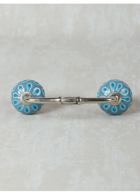 Blue Round Ceramic Dresser Cabinet Pull With Turquoise Flower