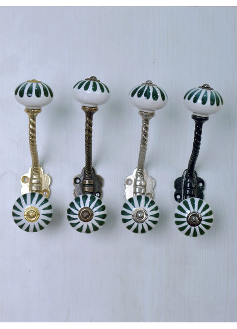 Turquoise Flower On White Ceramic Cabinet Knob With Metal Wall Hanger