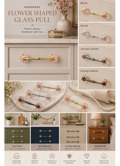 Unique Salmon Pink Glass Flower Drawer Pull