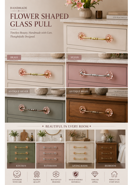 Pink Flower Shaped Glass Knob Pull