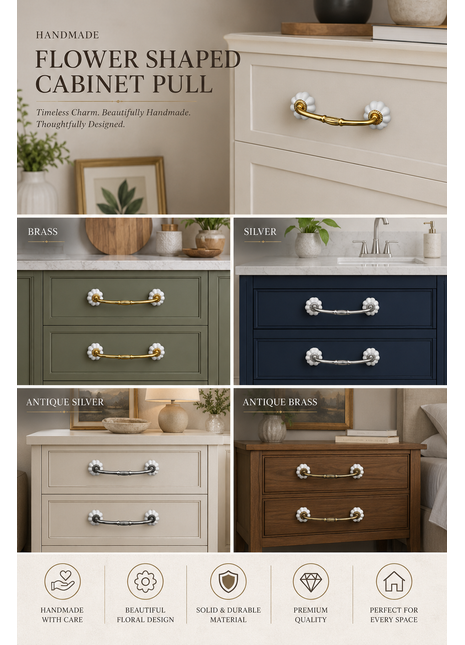 Solid White Flower Shaped Dresser Cabinet Pull 5 Inch / Brass