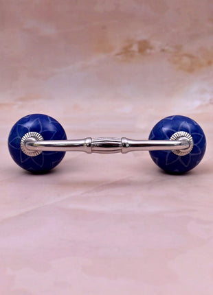 White Design on Blue Ceramic Knob Door Pull