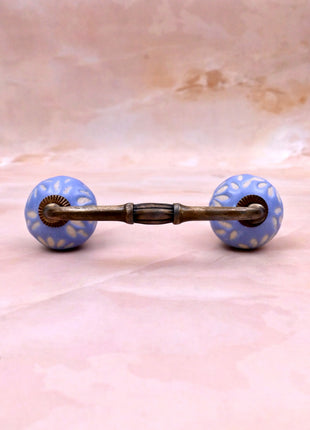 White Design on Soft Powder Blue Ceramic Knob Door Pull