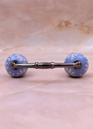 White Design on Soft Powder Blue Ceramic Knob Door Pull