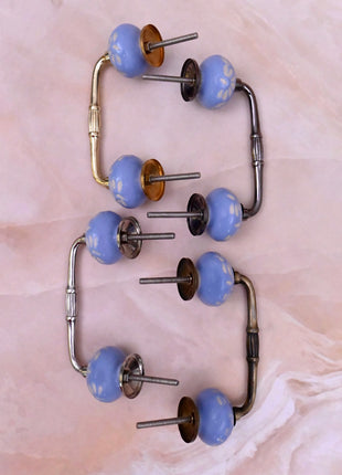 White Design on Soft Powder Blue Ceramic Knob Door Pull