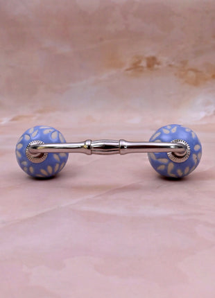 White Design on Soft Powder Blue Ceramic Knob Door Pull