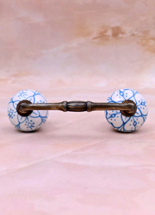 Blue Floral Pattern on White Ceramic Knob Door Pull