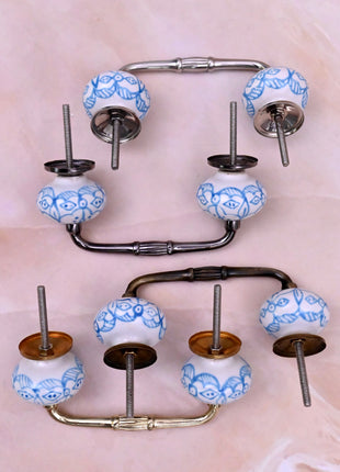 Blue Floral Pattern on White Ceramic Knob Door Pull