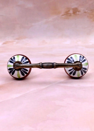 Green,Black Flower on White Base Ceramic Knob Door Pull