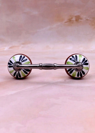 Green,Black Flower on White Base Ceramic Knob Door Pull