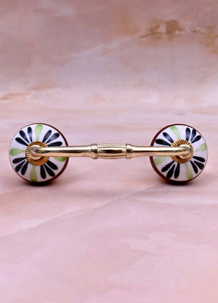 Green,Black Flower on White Base Ceramic Knob Door Pull