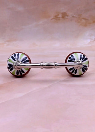 Green,Black Flower on White Base Ceramic Knob Door Pull