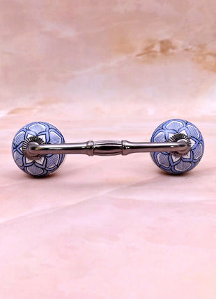 Light Blue Design on White Ceramic Knob Door Pull
