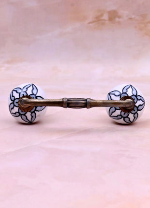 White Ceramic Flower Knob with Black Floral Pattern Door Pull