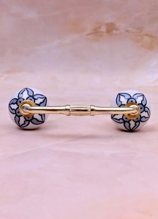 White Ceramic Flower Knob with Black Floral Pattern Door Pull