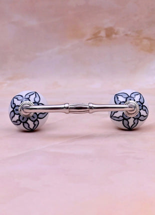 White Ceramic Flower Knob with Black Floral Pattern Door Pull