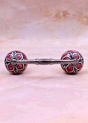 Red Ceramic Flower Knob with White & Black Floral Pattern Door Pull