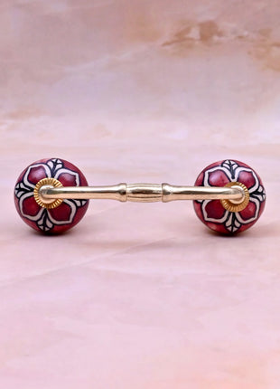 Red Ceramic Flower Knob with White & Black Floral Pattern Door Pull