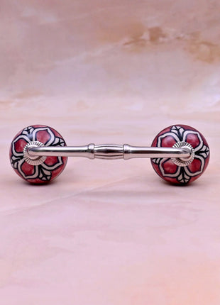 Red Ceramic Flower Knob with White & Black Floral Pattern Door Pull