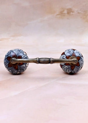 Brown & Gray Flower Design on White Ceramic Knob Door Pull