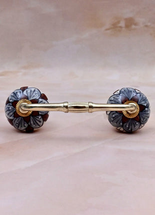 Brown & Gray Flower Design on White Ceramic Knob Door Pull