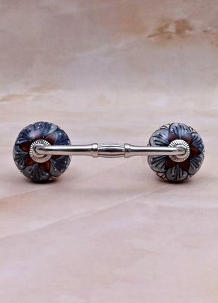 Brown & Gray Flower Design on White Ceramic Knob Door Pull