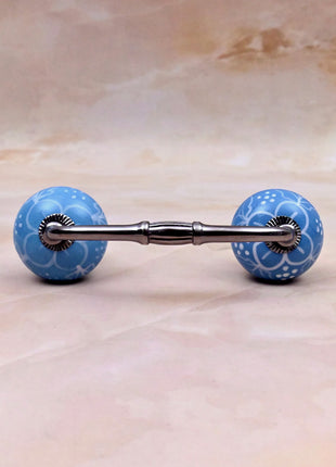 White Design on Turquoise Base Ceramic Knob Door Pull